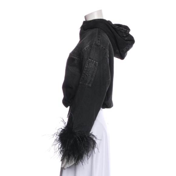 PRADA Reversible Cropped Detachable Feather-trimmed Denim And Nylon Jacket - Picture 2 of 11